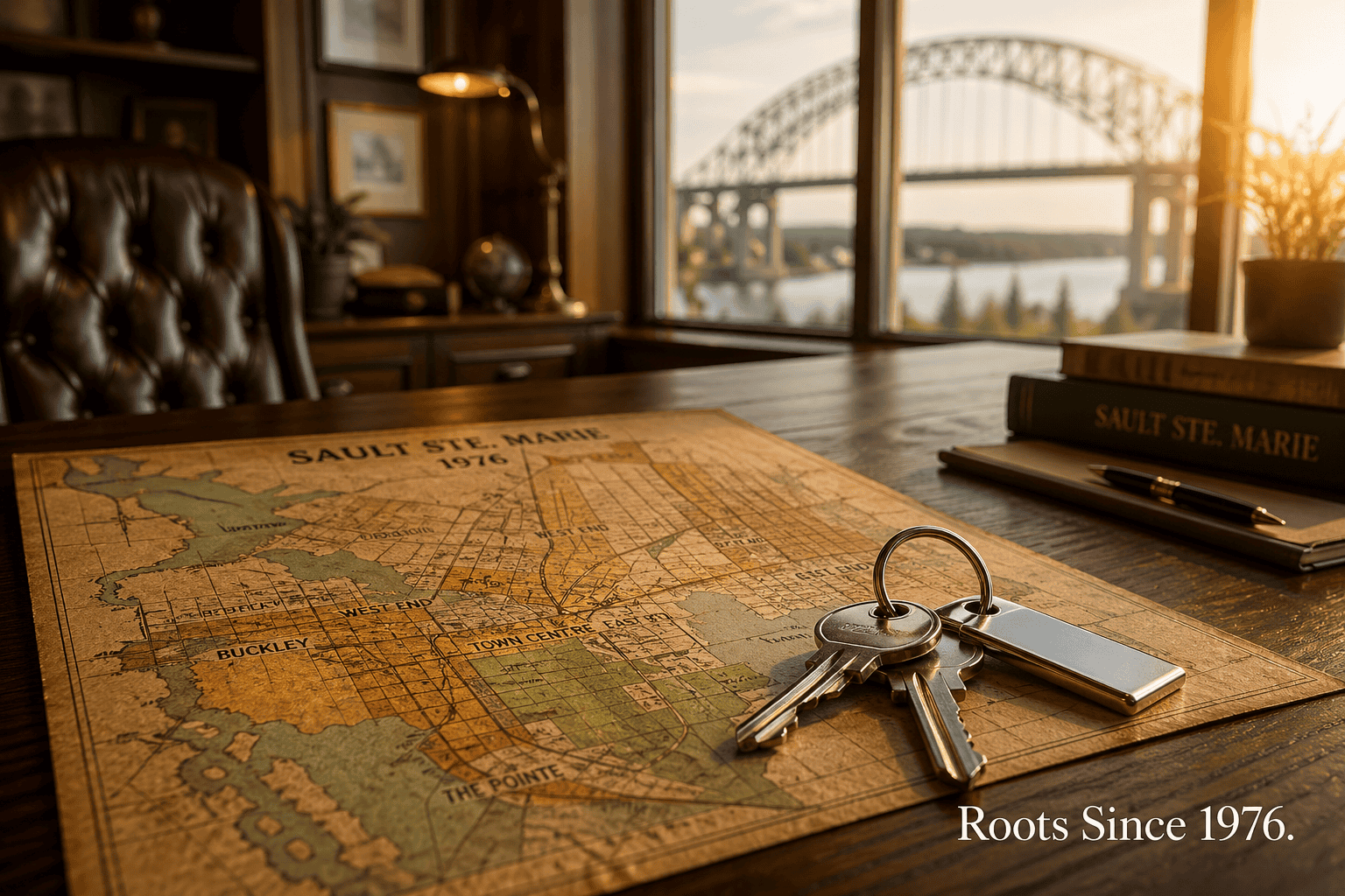 A vintage 1976 Sault Ste Marie map and house keys in a professional office, representing the long-standing real estate legacy of Rob Trembinski.