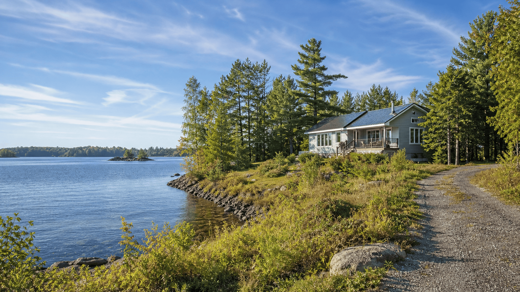 Waterfront rural home near Sault Ste. Marie with lake, trees, and gravel driveway