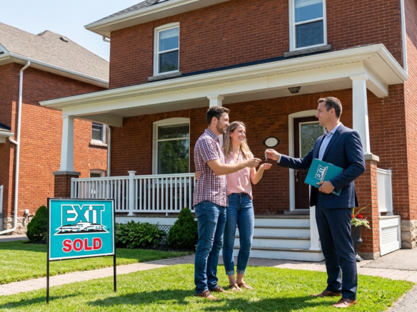 A real estate agent handing house keys to a young couple standing on the lawn in front of a classic red brick home next to an EXIT Realty SOLD sign.