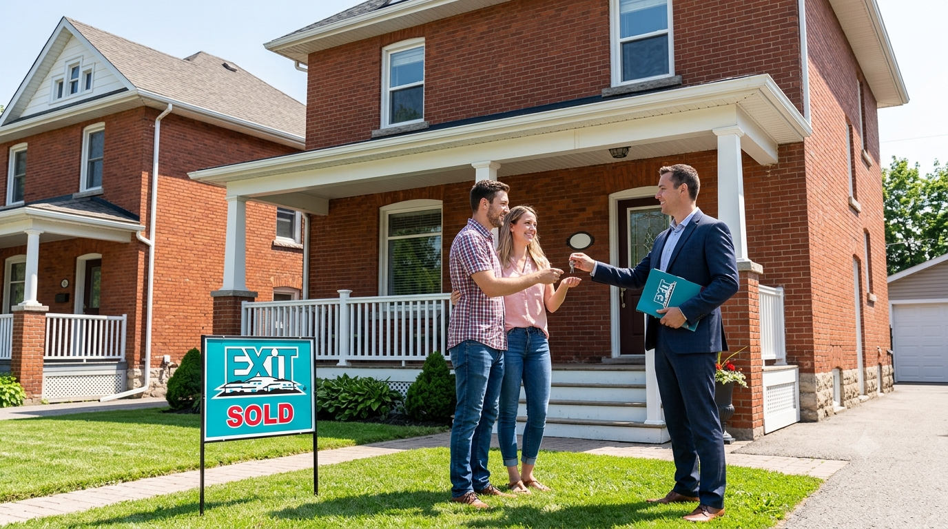 A real estate agent handing house keys to a young couple standing on the lawn in front of a classic red brick home next to an EXIT Realty SOLD sign.