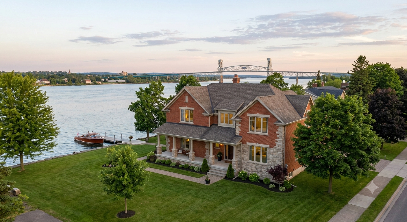 Aerial view of an elegant red brick waterfront home in Sault Ste. Marie featuring a lush lawn, private boat dock, and scenic river bridge view during golden hour.