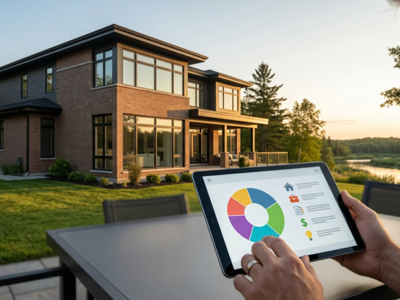 A homeowner on a patio reviewing a financial budgeting chart on a digital tablet, with a modern brick house and scenic riverfront landscape in the background