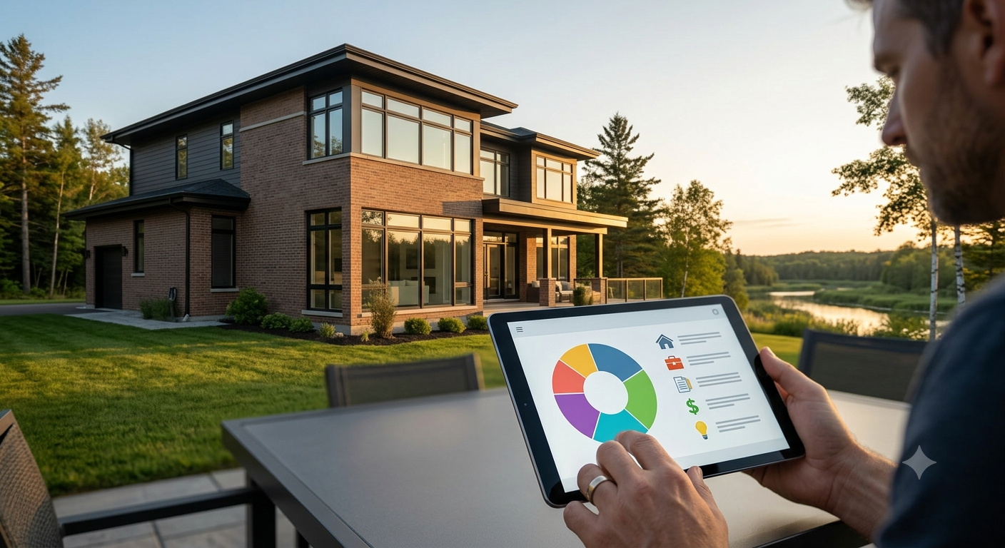A homeowner on a patio reviewing a financial budgeting chart on a digital tablet, with a modern brick house and scenic riverfront landscape in the background