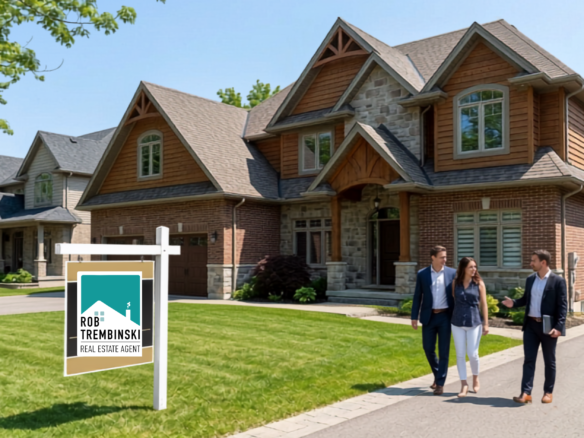 Modern waterfront homes in Sault Ste. Marie with a Rob Trembinski REALTOR® sign as a real estate agent guides prospective home buyers during a property viewing