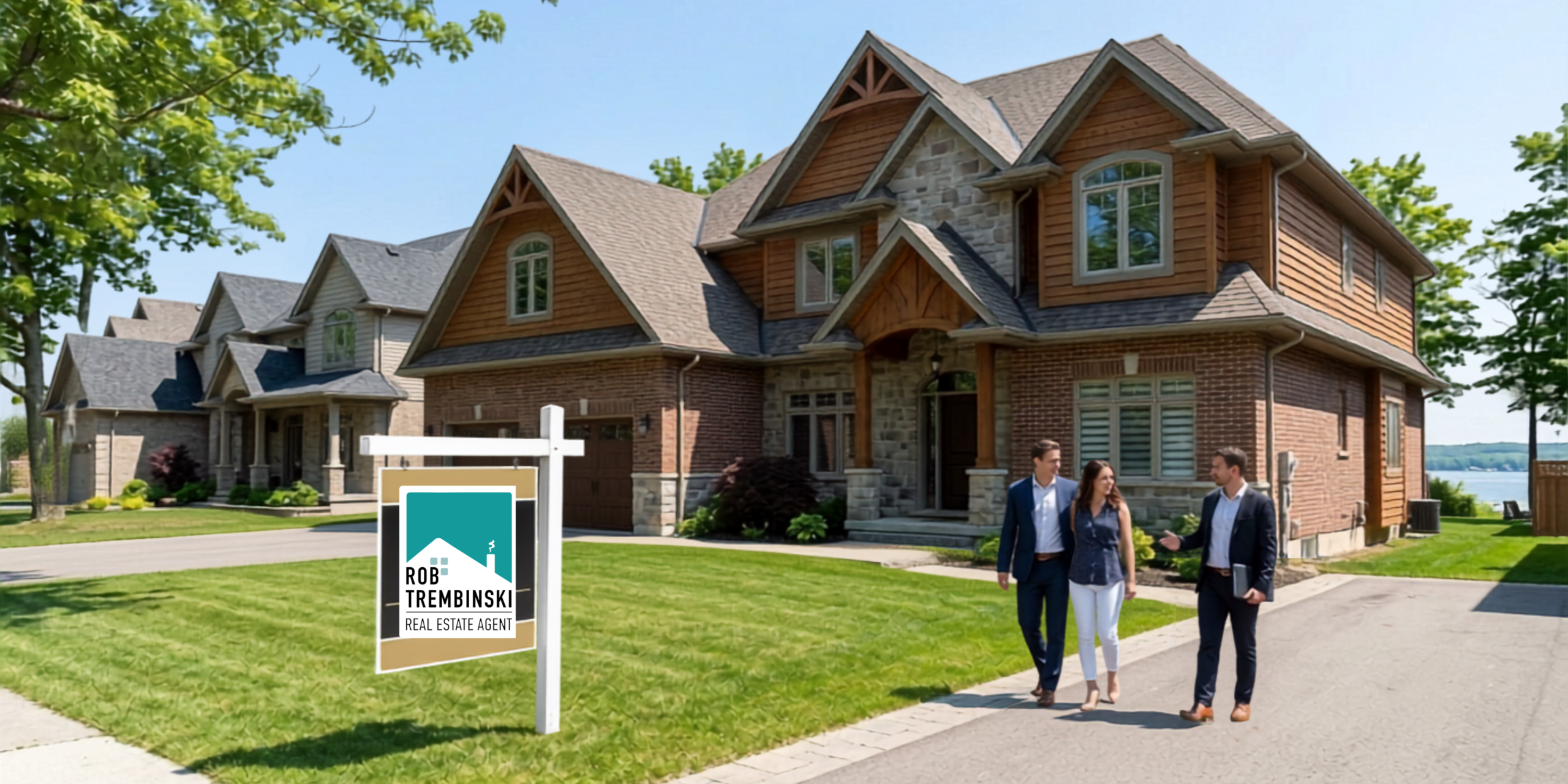 Modern waterfront homes in Sault Ste. Marie with a Rob Trembinski REALTOR® sign as a real estate agent guides prospective home buyers during a property viewing