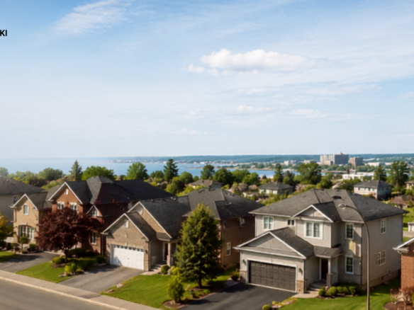 Aerial view of a residential neighborhood in Sault Ste. Marie, Ontario, with detached homes, landscaped yards, and a waterfront cityscape visible in the distance under a partly cloudy blue sky. Rob Trembinski Real Estate Agent and EXIT Realty logos appear at the top.