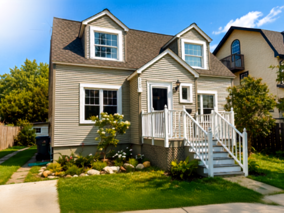 Two-story beige suburban home with white trim, dormer windows, front porch and steps, landscaped garden, green lawn, and a paved walkway under a bright blue sky.