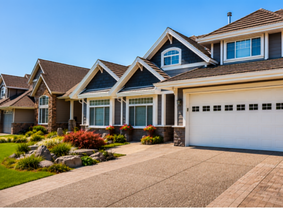 Modern two-story suburban home with a large white double garage, landscaped front yard, flower beds, paved driveway, and neighboring houses under a clear blue sky.