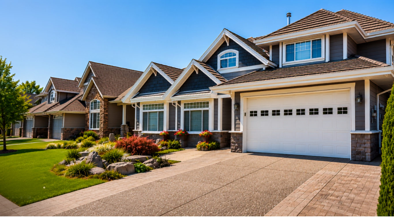 Professional home staging showing curb appeal and exterior presentation that helps properties sell faster in Sault Ste. Marie real estate market houses under a clear blue sky.