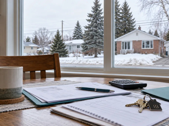 Offer paperwork on a kitchen table with a snowy Sault Ste. Marie bungalow street outside