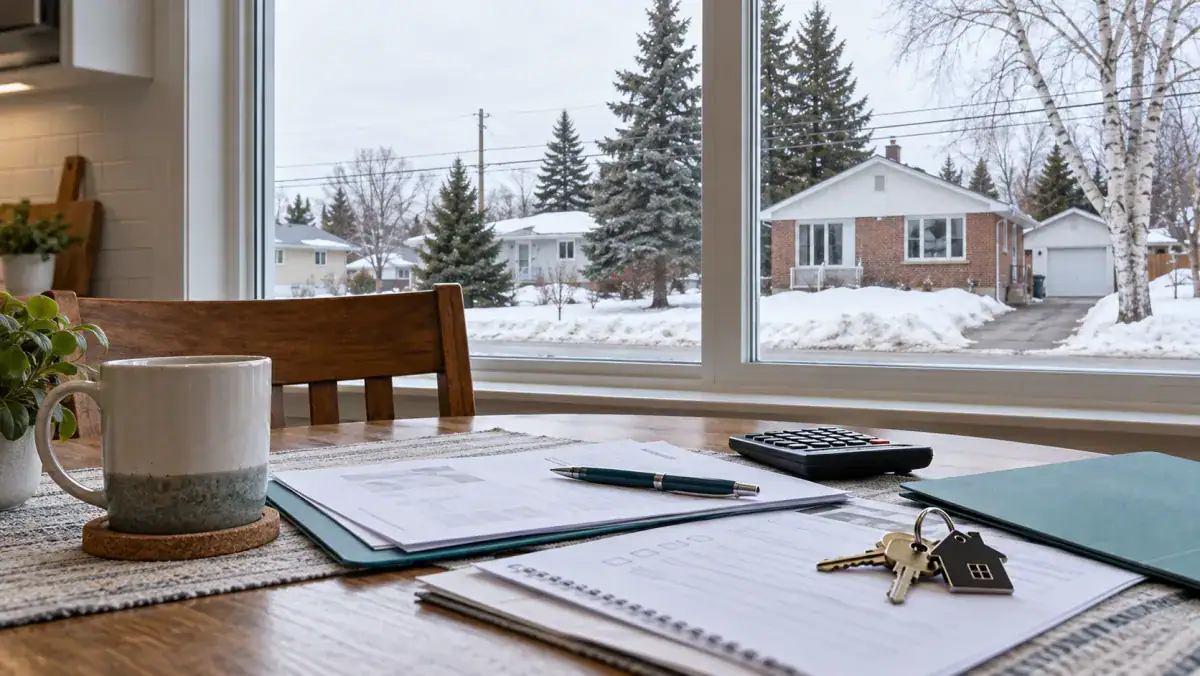 Offer paperwork on a kitchen table with a snowy Sault Ste. Marie bungalow street outside